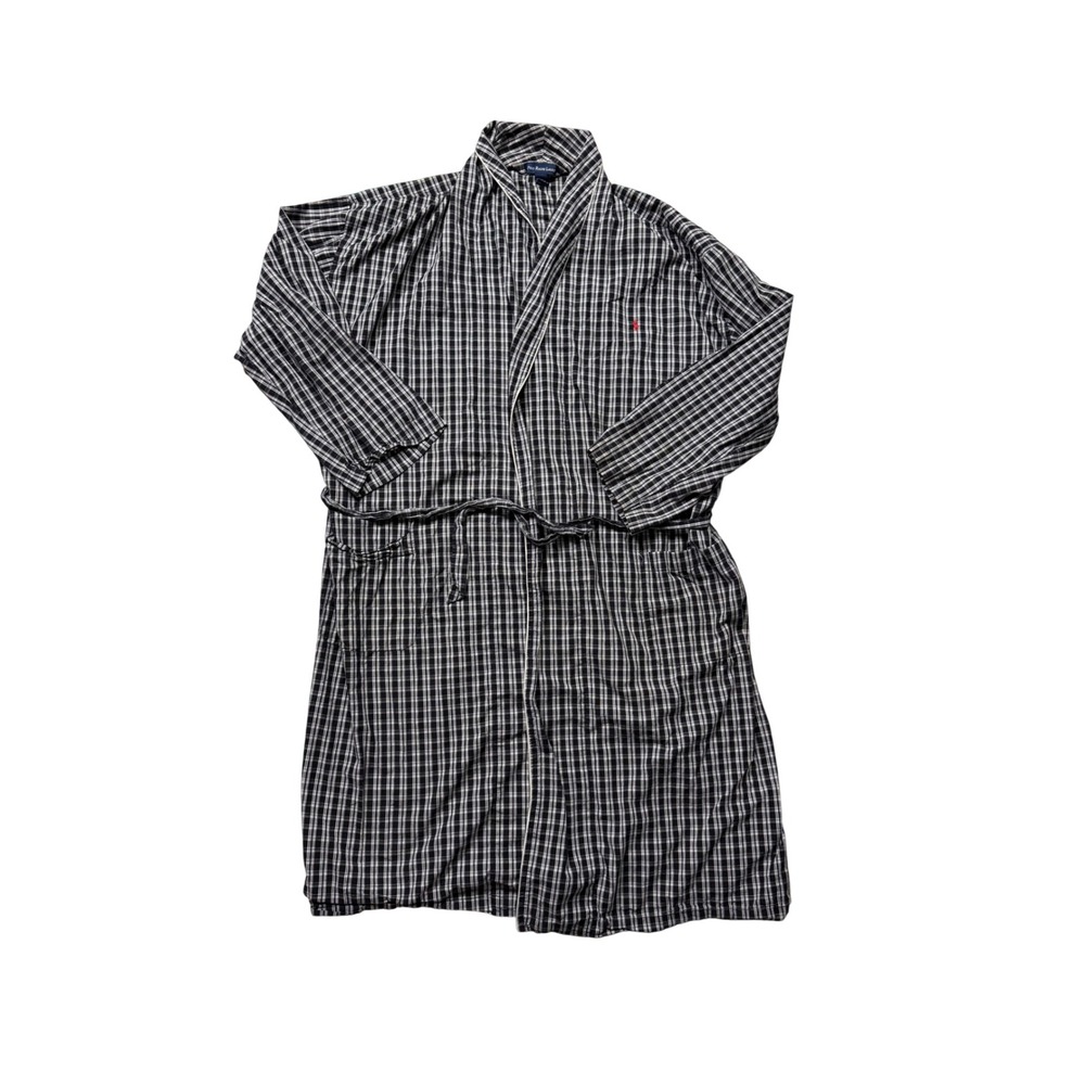 Vintage Polo Ralph Lauren Plaid Bath Robe L XL Black White Cotton Pony Logo